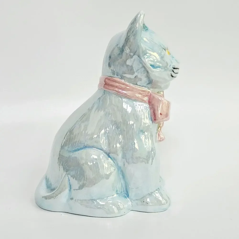 Vintage Iridescent Blue Ceramic Cat Figurine Pink Bow | Whimsical Mid-Century